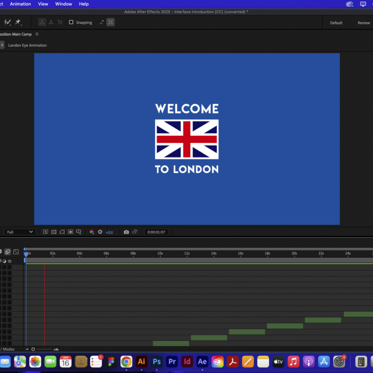 The image shows a screenhot of a motion design software : After Effects with motion design in progress.